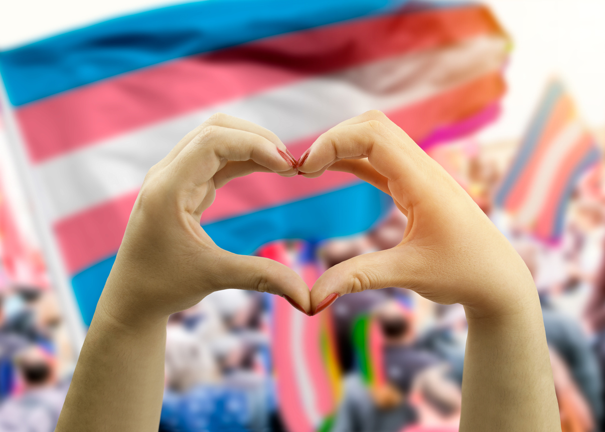 trans flag heart shaped hands